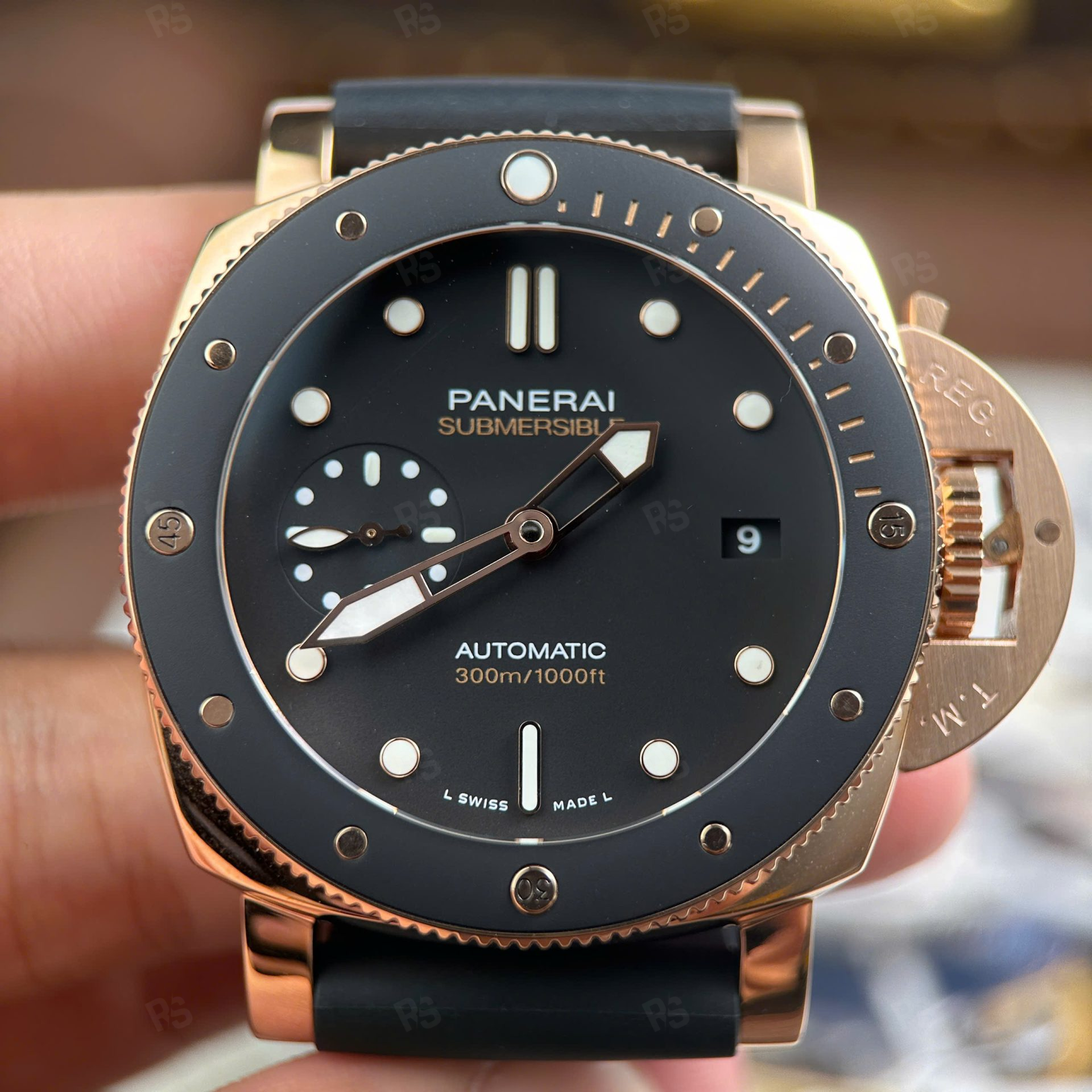 panerai submersible pam974 rose altın tonu siyah kadran vs factory calibre p9010 clone 42mm dalış saati (11)