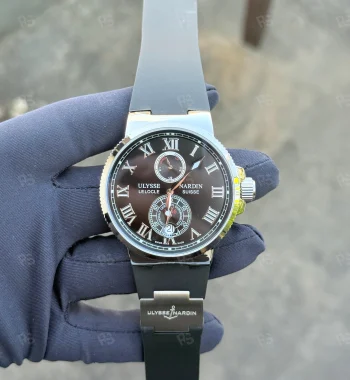 Ulysse Nardin Marine Chronometer, siyah kadranlı, çelik kasalı, otomatik mekanizmalı, siyah silikon kayışlı, klasik çizgili replika erkek saati
