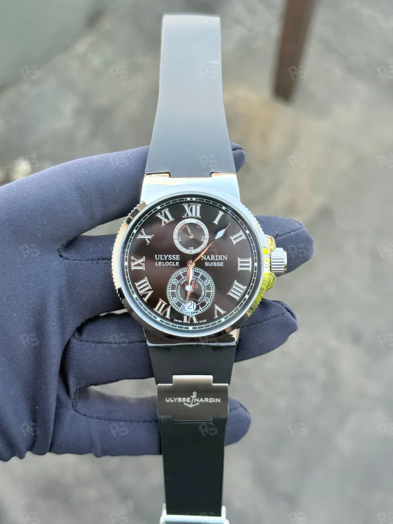 Ulysse Nardin Marine Chronometer, siyah kadranlı, çelik kasalı, otomatik mekanizmalı, siyah silikon kayışlı, klasik çizgili replika erkek saati