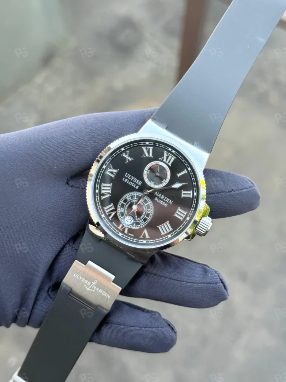 Ulysse Nardin Marine Chronometer, siyah kadranlı, çelik kasalı, otomatik mekanizmalı, siyah silikon kayışlı, klasik çizgili replika erkek saati