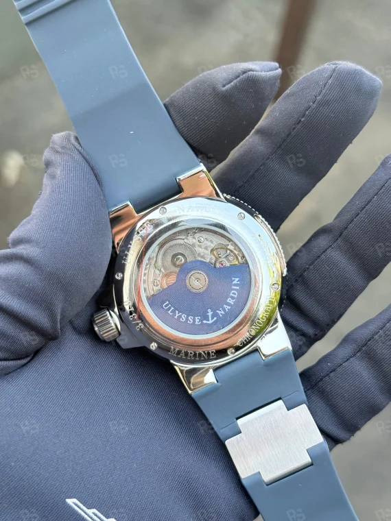 Ulysse Nardin Marine Chronometer, mavi kadranlı, çelik kasalı, otomatik mekanizmalı, silikon kayışlı, klasik tasarımlı replika erkek saati