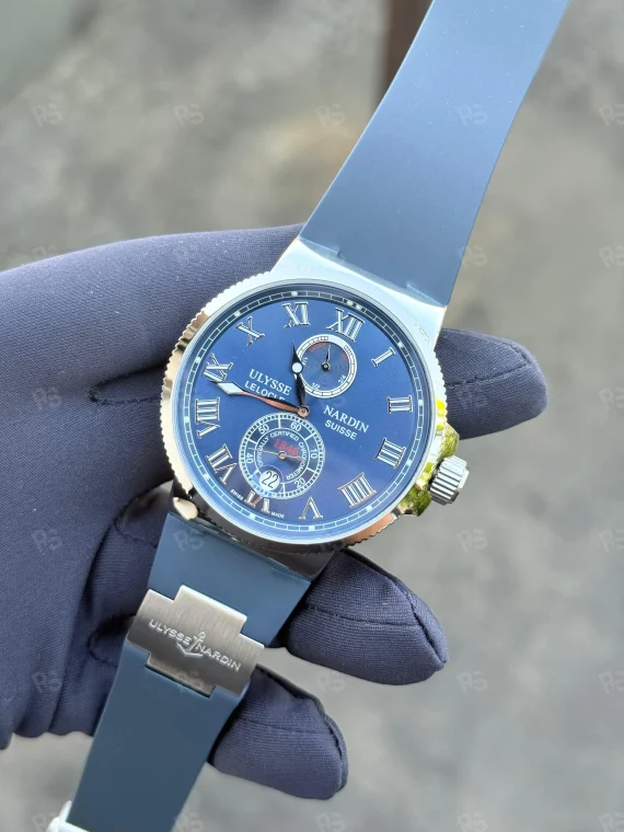 Ulysse Nardin Marine Chronometer, mavi kadranlı, çelik kasalı, otomatik mekanizmalı, silikon kayışlı, klasik tasarımlı replika erkek saati