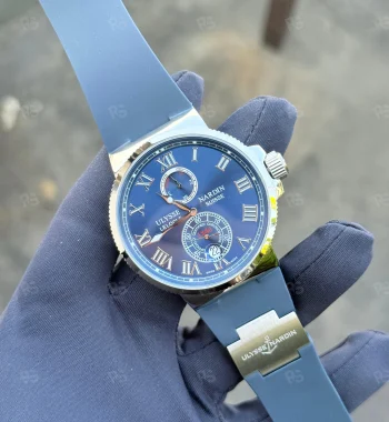 Ulysse Nardin Marine Chronometer, mavi kadranlı, çelik kasalı, otomatik mekanizmalı, silikon kayışlı, klasik tasarımlı replika erkek saati