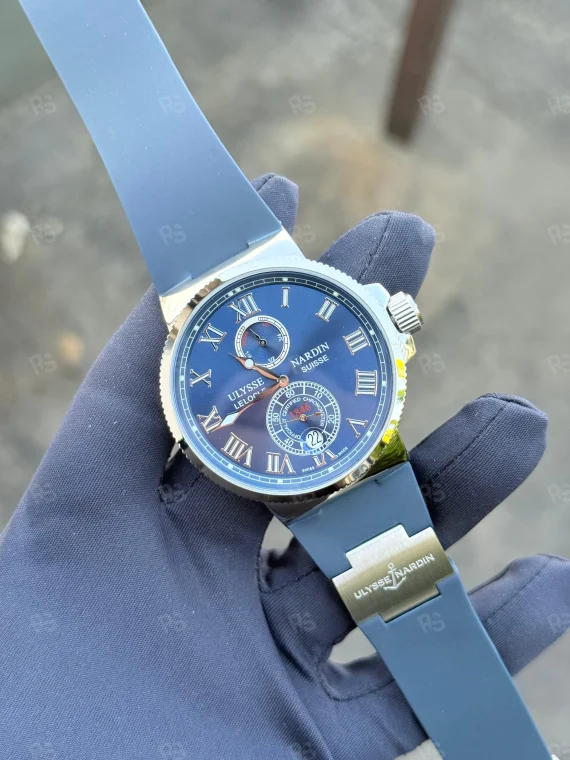 Ulysse Nardin Marine Chronometer, mavi kadranlı, çelik kasalı, otomatik mekanizmalı, silikon kayışlı, klasik tasarımlı replika erkek saati