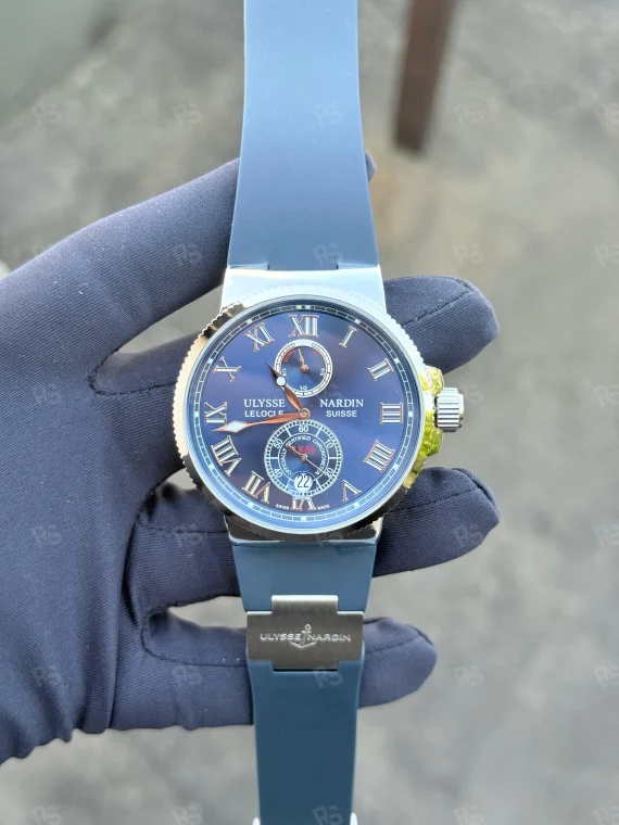 Ulysse Nardin Marine Chronometer, mavi kadranlı, çelik kasalı, otomatik mekanizmalı, silikon kayışlı, klasik tasarımlı replika erkek saati
