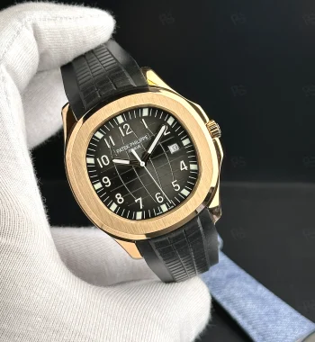 Patek Philippe Aquanaut 5167R rose gold kasa, siyah kadran ve kauçuk kayışlı otomatik erkek saat