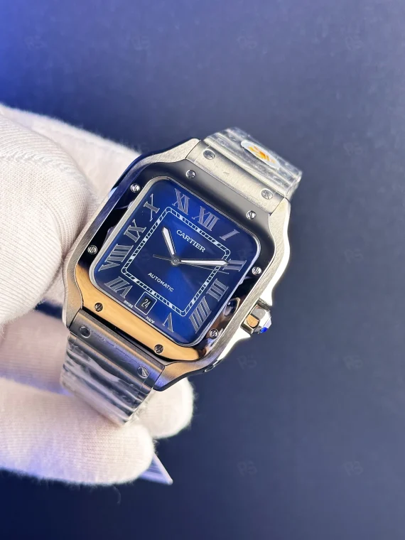 Cartier Santos otomatik erkek saat – Mavi kadranlı, çelik kordon