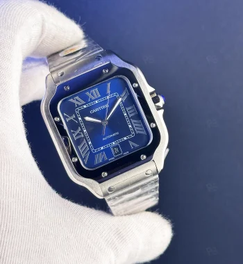 Cartier Santos otomatik erkek saat – Mavi kadranlı, çelik kordon