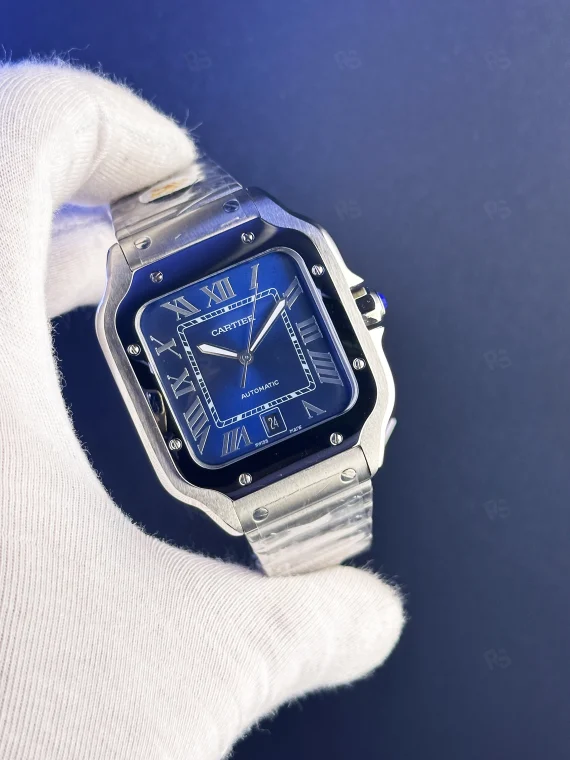 Cartier Santos otomatik erkek saat – Mavi kadranlı, çelik kordon