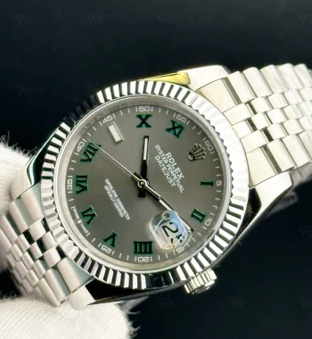 Rolex Datejust 41mm Wimbledon kadran, yeşil Roma indeksli, fluted bezel ve Jubilee bilezikli otomatik erkek saat
