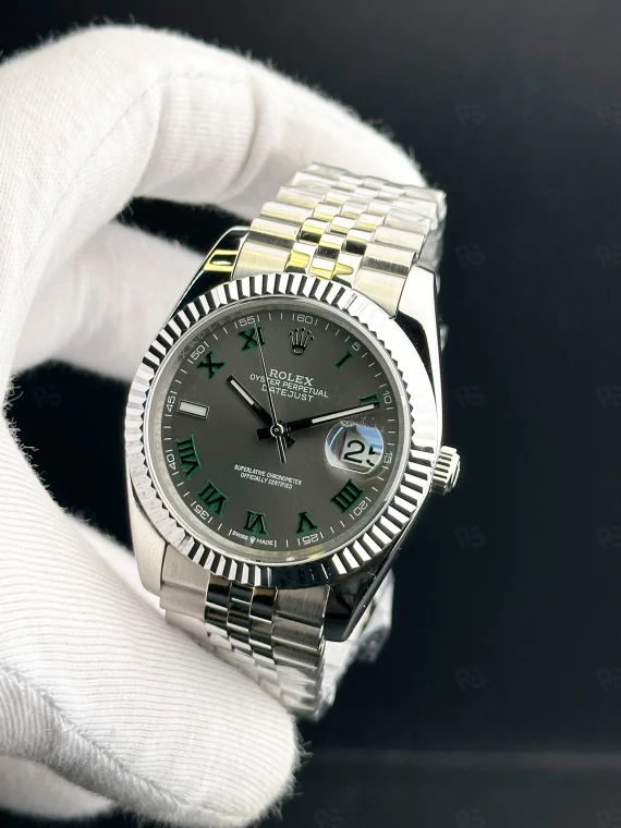 Rolex Datejust 41mm Wimbledon kadran, yeşil Roma indeksli, fluted bezel ve Jubilee bilezikli otomatik erkek saat