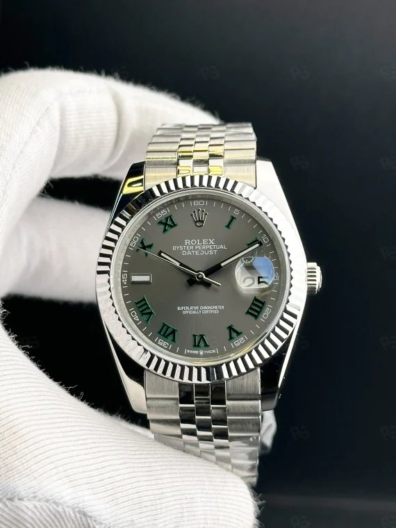 Rolex Datejust 41mm Wimbledon kadran, yeşil Roma indeksli, fluted bezel ve Jubilee bilezikli otomatik erkek saat