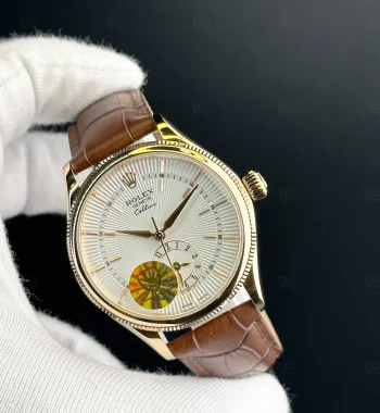 Rolex Cellini beyaz kadranlı, rose gold kasa, kahverengi deri kayışlı otomatik erkek saat