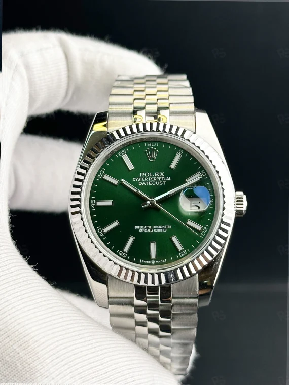 Rolex Datejust 41mm yeşil kadranlı, fluted bezel ve Jubilee bilezikli otomatik erkek saat