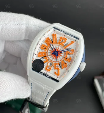 Franck Muller Vanguard Yachting clone saat – ABF üretimi, beyaz kasa, turuncu indeks, 44mm modern tasarım ve aktif fonksiyonlarla donatılmış model.