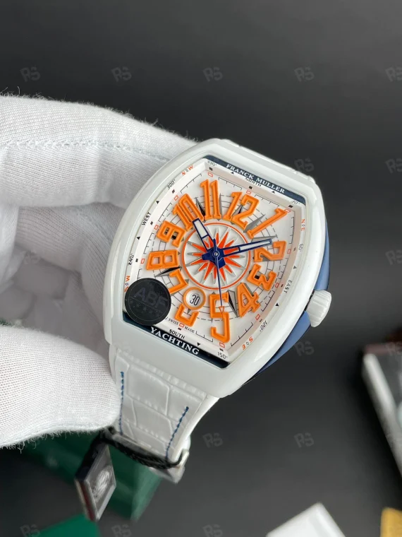 Franck Muller Vanguard Yachting clone saat – ABF üretimi, beyaz kasa, turuncu indeks, 44mm modern tasarım ve aktif fonksiyonlarla donatılmış model.