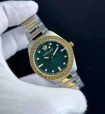 Versace V-Race tarzı kadın saat, yeşil kadranlı, gold bezel ve çelik bilezikli pilli model