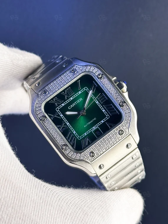 Cartier Santos Replika Saat – Yeşil Kadran & Taşlı Model