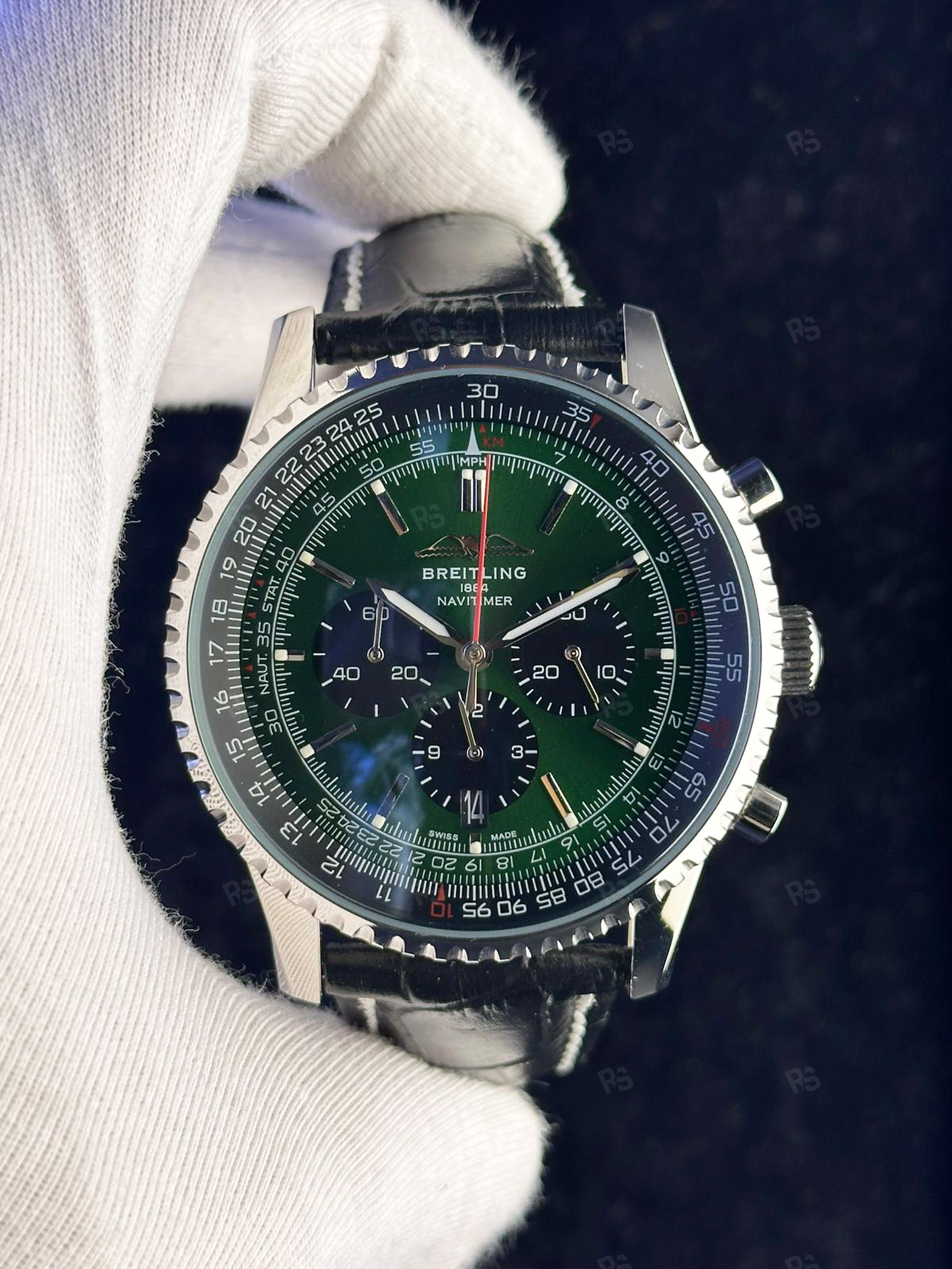 Breitling Navitimer Green Dial – Siyah Deri Kayışlı Quartz Kronograf Erkek Saat (1)