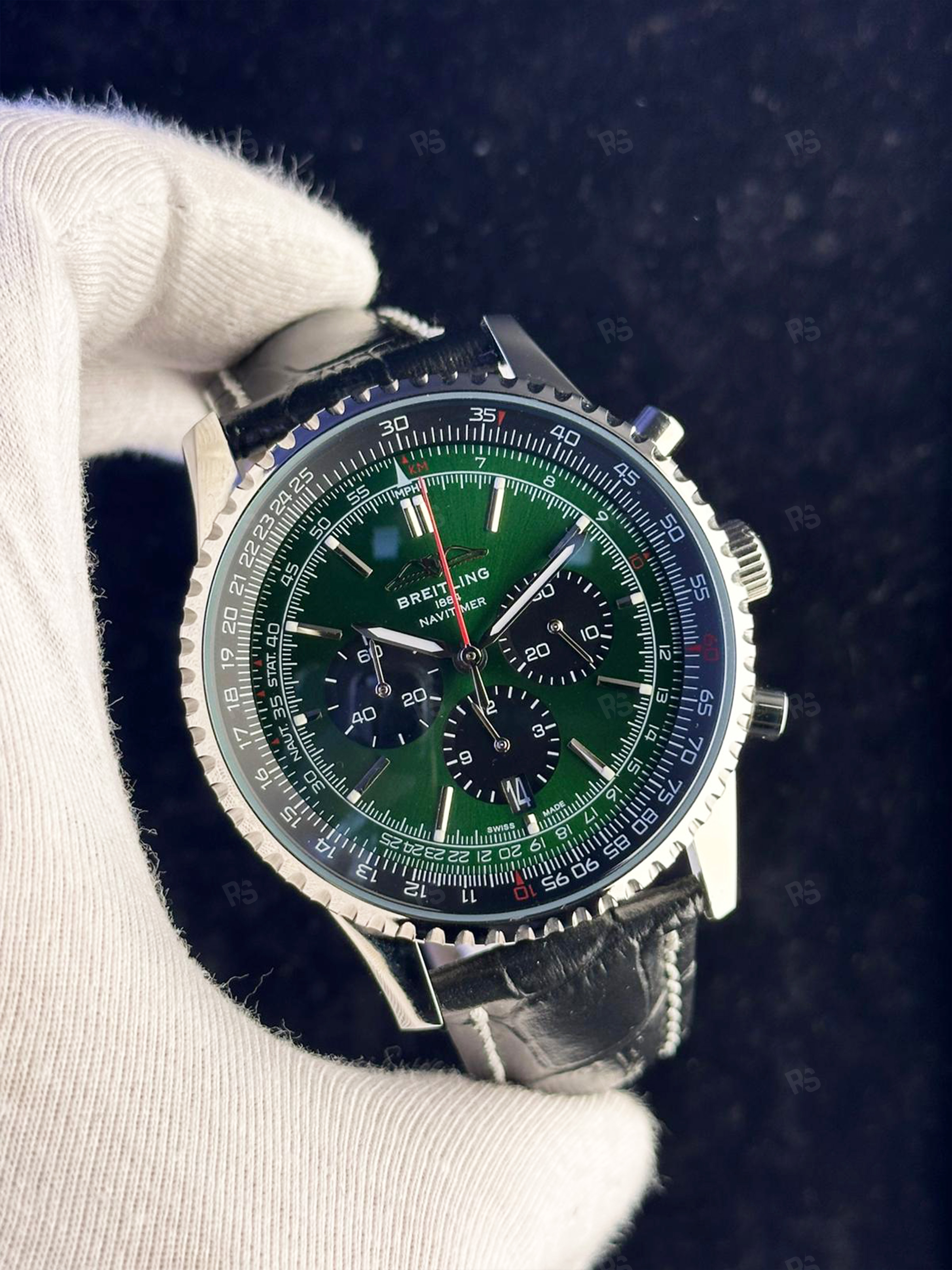 Breitling Navitimer Green Dial – Siyah Deri Kayışlı Quartz Kronograf Erkek Saat (2)