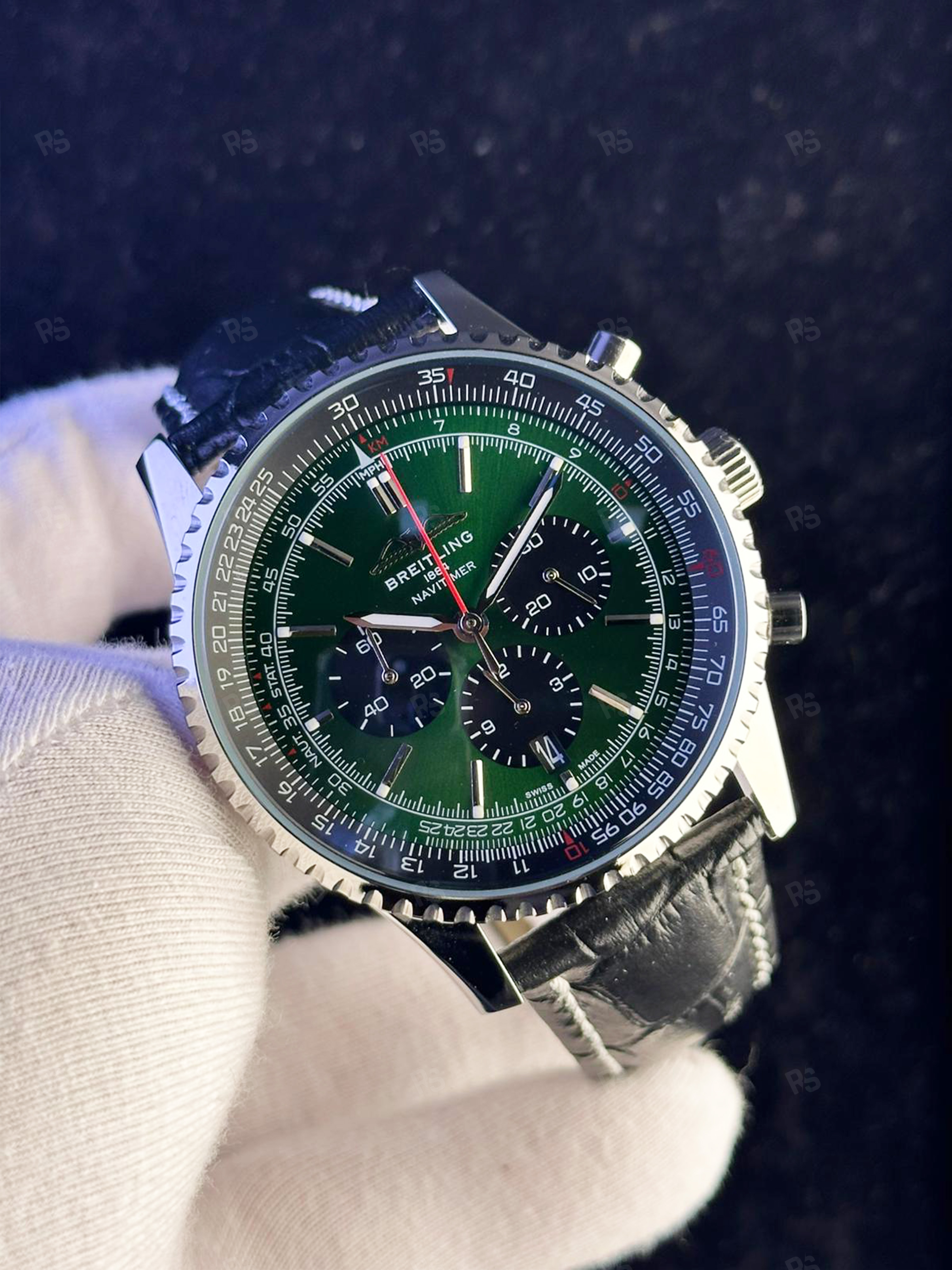 Breitling Navitimer Green Dial – Siyah Deri Kayışlı Quartz Kronograf Erkek Saat (3)