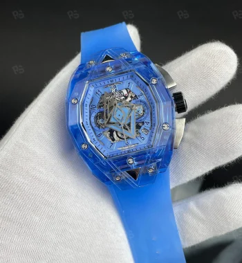 Hublot Big Bang Sang Bleu Sapphire Blue Ice, kobalt mavi şeffaf kasalı, skeleton kadranlı, otomatik mekanizmalı, mavi kayışlı yüksek kalite replika saat