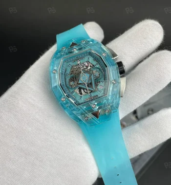 Hublot Big Bang Sang Bleu Sapphire Blue, buz mavisi şeffaf kasalı, skeleton kadranlı, otomatik mekanizmalı, transparan kayışlı koleksiyonluk replika saat
