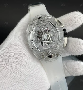 Hublot Big Bang Sang Bleu Sapphire, şeffaf kasalı, skeleton kadranlı, otomatik mekanizmalı, şeffaf kayışlı, sanatsal tasarıma sahip replika saat
