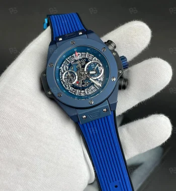 Hublot Big Bang Unico Blue Magic, lacivert kasalı, skeleton kadranlı, quartz mekanizmalı, kauçuk kayışlı, aktif kronograf fonksiyonlu replika saat modeli