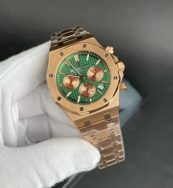 Audemars Piguet Royal Oak Chronograph, yeşil kadranlı, rose gold pilli kronograf metal bilezikli erkek kol saati