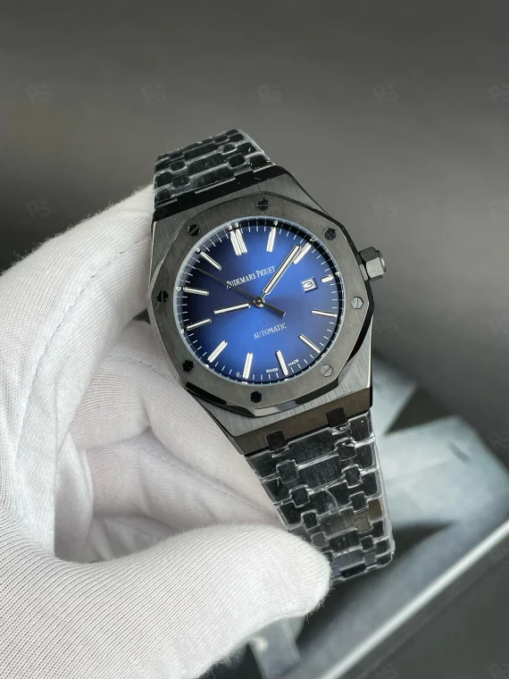 Audemars Piguet Royal Oak 41mm, mavi kadranlı, çelik kasa ve bilezikli otomatik erkek kol saati