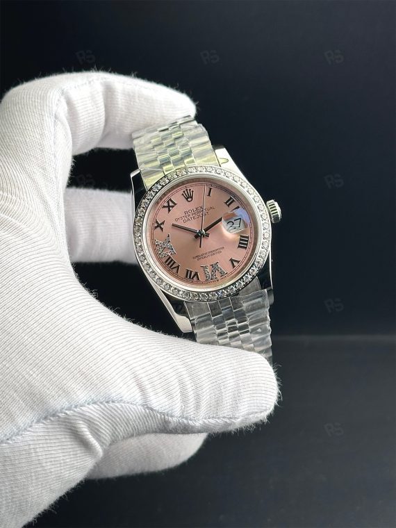 Rolex Datejust 36mm kadın saat, pembe kadranlı taşlı bezel ve Jubilee bilezikli otomatik model