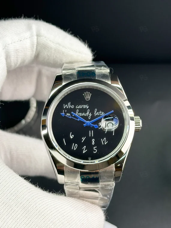 Rolex Milgauss Who Cares I’m Already Late Siyah Kadran Mizahi Tasarım Erkek Saat