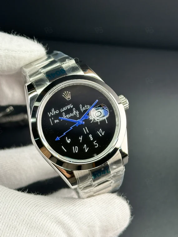 Rolex Milgauss Who Cares I’m Already Late Siyah Kadran Mizahi Tasarım Erkek Saat