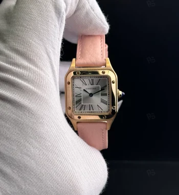 Cartier Santos tarzı kadın saat, altın kasa ve pembe deri kayışlı pilli model