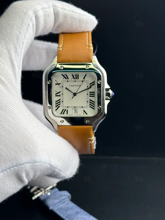 Cartier Santos tarzı beyaz kadranlı otomatik erkek saat, kahverengi deri kayışlı model