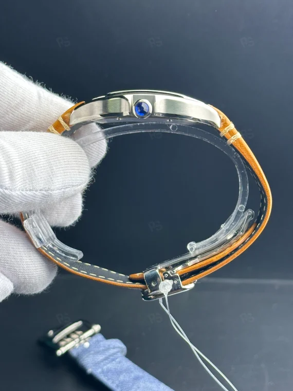 Cartier Santos tarzı beyaz kadranlı otomatik erkek saat, kahverengi deri kayışlı model