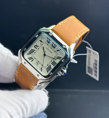 Cartier Santos tarzı beyaz kadranlı otomatik erkek saat, kahverengi deri kayışlı model