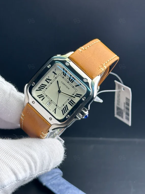 Cartier Santos tarzı beyaz kadranlı otomatik erkek saat, kahverengi deri kayışlı model