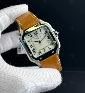 Cartier Santos tarzı beyaz kadranlı otomatik erkek saat, kahverengi deri kayışlı model