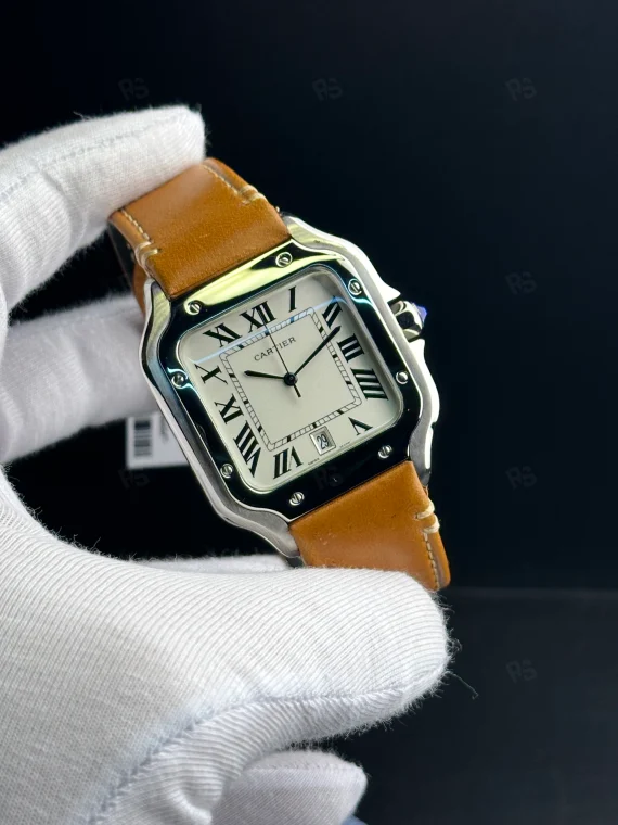 Cartier Santos tarzı beyaz kadranlı otomatik erkek saat, kahverengi deri kayışlı model