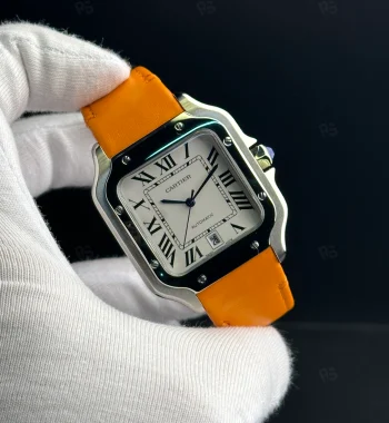 Cartier Santos otomatik erkek saat, beyaz kadranlı ve turuncu deri kayışlı model
