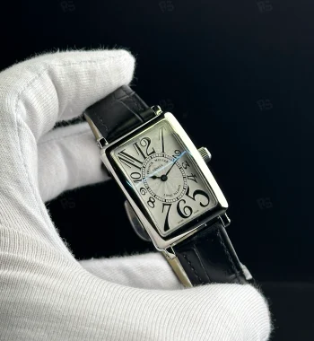 Franck Muller Long Island tarzı kadın saat, dikdörtgen gümüş kasa ve siyah deri kayışlı pilli model