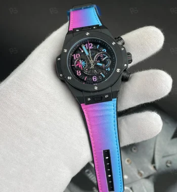 Hublot Big Bang pembe-mor geçişli quartz erkek saat, iskelet kadranlı siyah kasa model