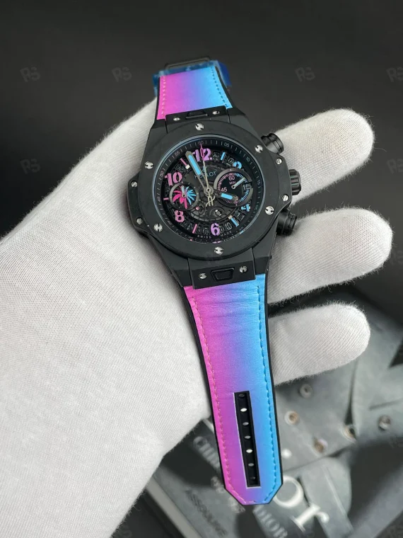 Hublot Big Bang pembe-mor geçişli quartz erkek saat, iskelet kadranlı siyah kasa model