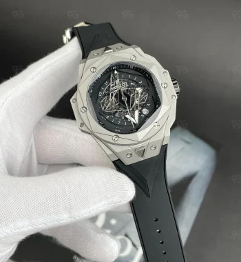 Hublot Big Bang gri kasa quartz saat, siyah geometrik kadranlı erkek modeli