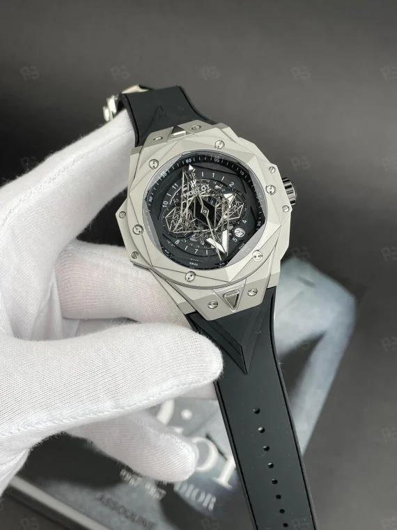 Hublot Big Bang gri kasa quartz saat, siyah geometrik kadranlı erkek modeli