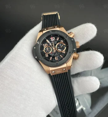 Hublot Big Bang rose gold kasa quartz erkek saat, siyah iskelet kadranlı model