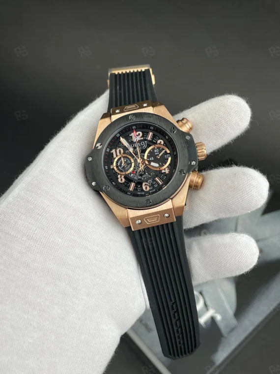 Hublot Big Bang rose gold kasa quartz erkek saat, siyah iskelet kadranlı model