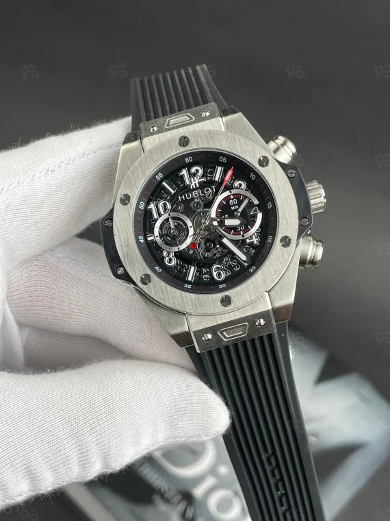 Hublot Big Bang silver kasa quartz erkek saat, siyah iskelet kadranlı model
